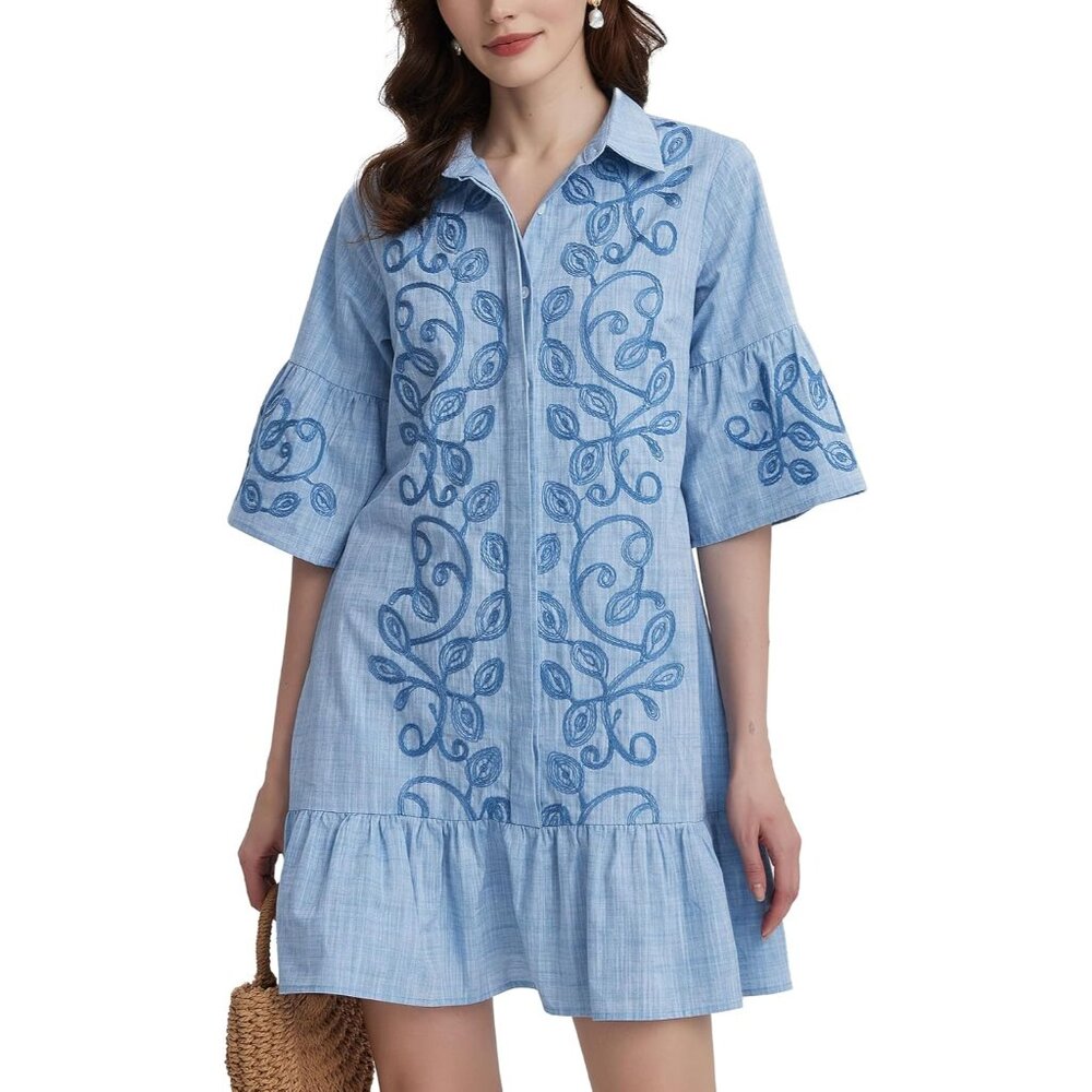 Women's Cotton Linen Embroidered Mini Dress V-Neck Ruffle Pockets Casual